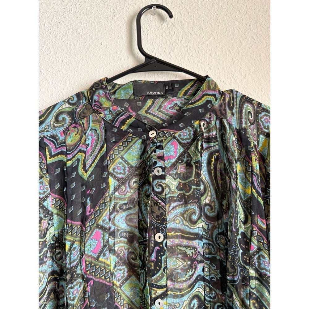 Andrea Black Multi Color Paisley Sheer Button Down Blouse Top Size 48 Floral - Picture 4 of 8
